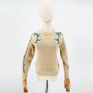 Vintage 80s Beige Teal Pink Floral Embroidered Sweater